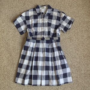 Classic Navy & White Gingham Plaid Ladies’ Shirt Dress with Belt